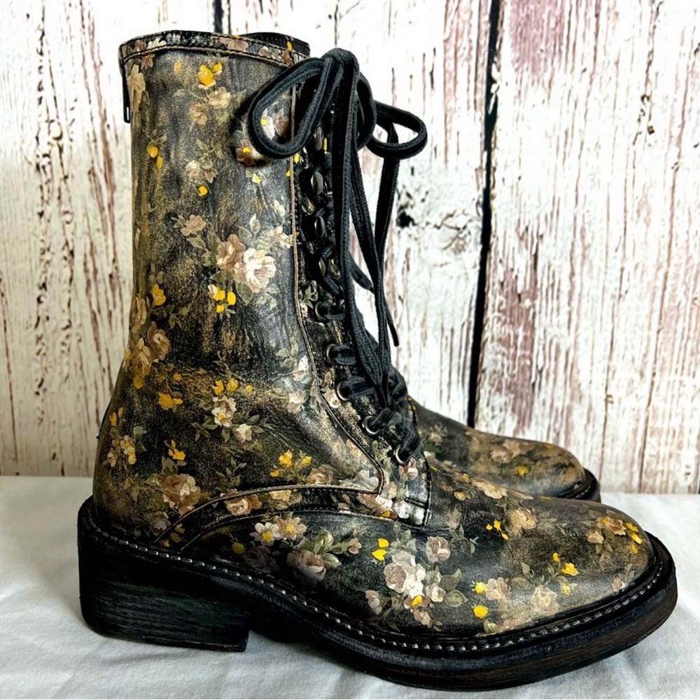Free People Women's Santa Fe Black Floral Leather Lace Up Combat Boots size 37